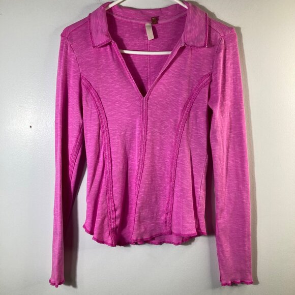 Pilcro Anthropologie Tops - Womens Pilcro V Neck Ribbed‎ Knit Top Long Sleeve Pink S Cotton Elastane